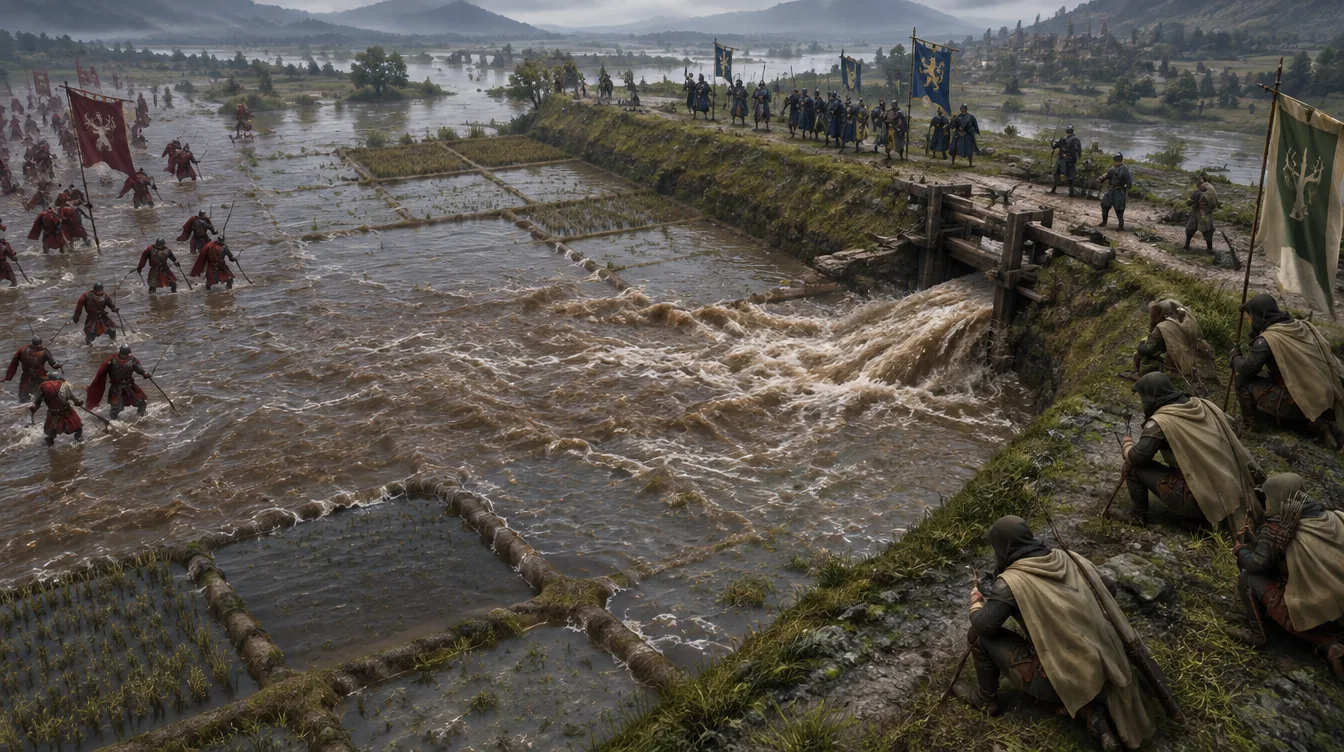Pintu air di tanggul dibuka dan banjir menyapu petak ladang, pasukan Varenza mundur menembus air, dan pengintai Ostrelund menunggu di tanggul.